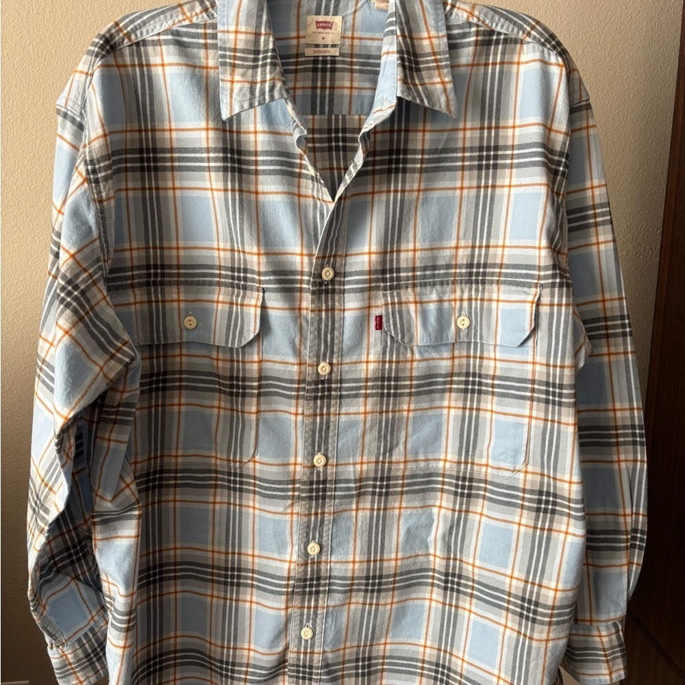 Levi's Men's Light Blue and Orange Plaid Shirt